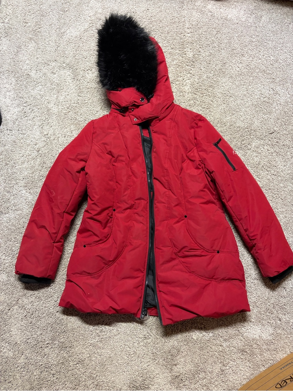 Women’s Red Hooded Puffer Coat with Faux Fur Trim